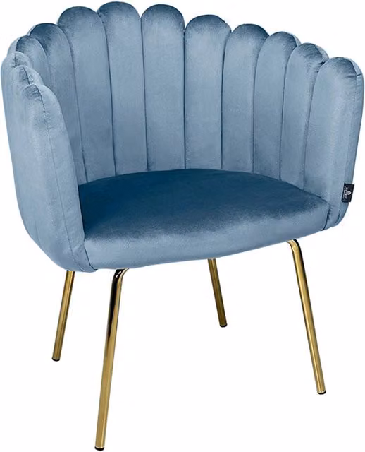 Poltrona conchiglia SAMIRA in velluto blu con struttura in metallo