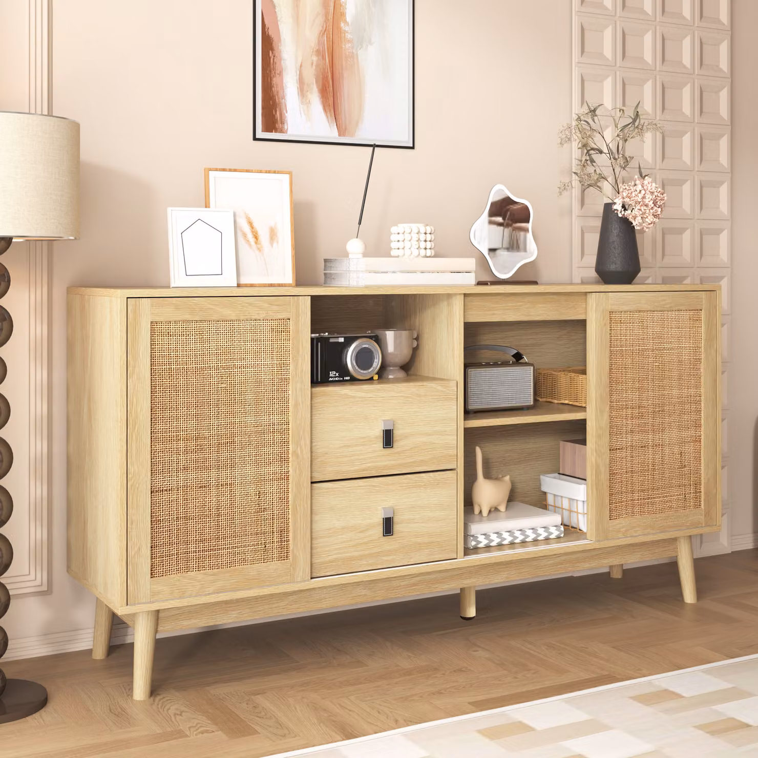 Cassettiera AIORBER, ampio spazio, rattan, 3 ante scorrevoli, 2 cassetti, traspirante, stabile, credenza, per sala da pranzo, soggiorno, 155x38x80cm, legno