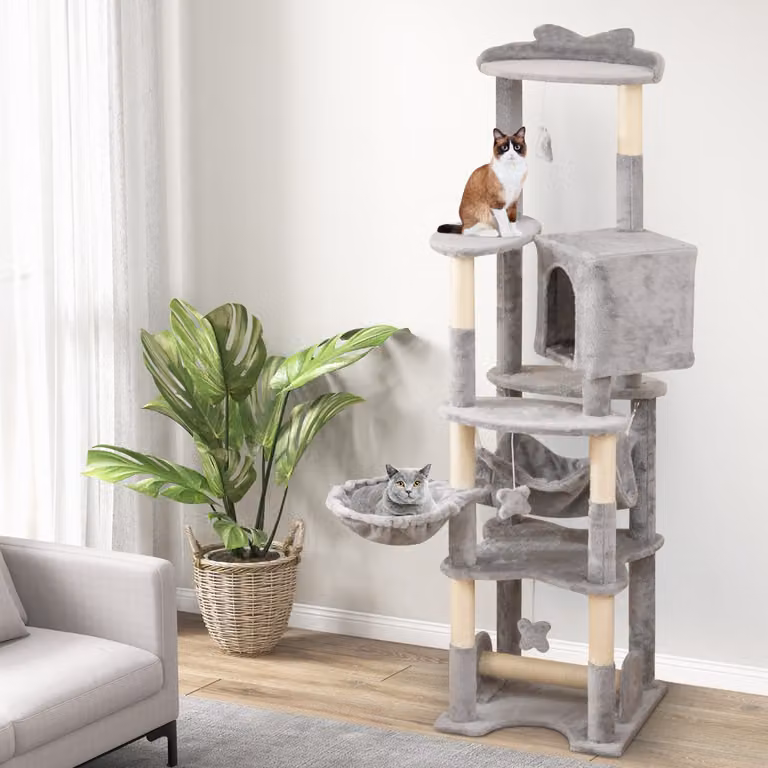 Albero per gatti Costway a più livelli con piattaforme di salto, amaca e cave, colore grigio, Altezza: 176 cm
