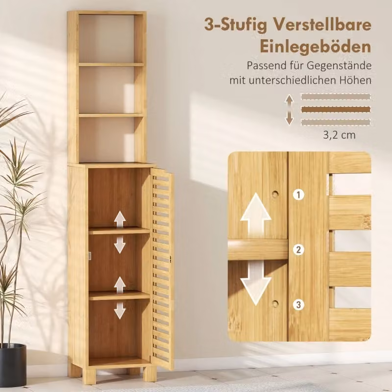 Armadio da bagno REDOM in bambù naturale con ante a lamelle, colore beige e marrone, L: 34 cm, P: 30 cm, H: 170 cm – 2