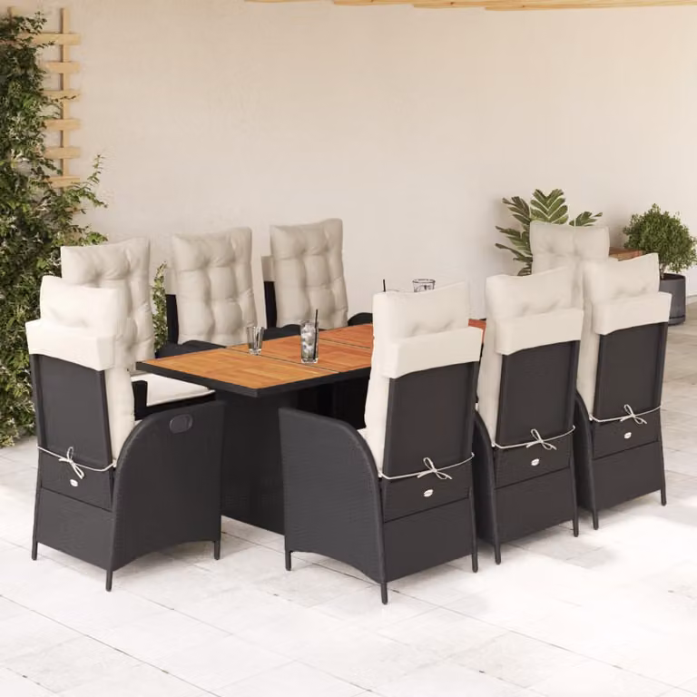 Set da pranzo da giardino vidaXL in legno di acacia oliato e polyrattan con 9 pezzi, nero e bianco