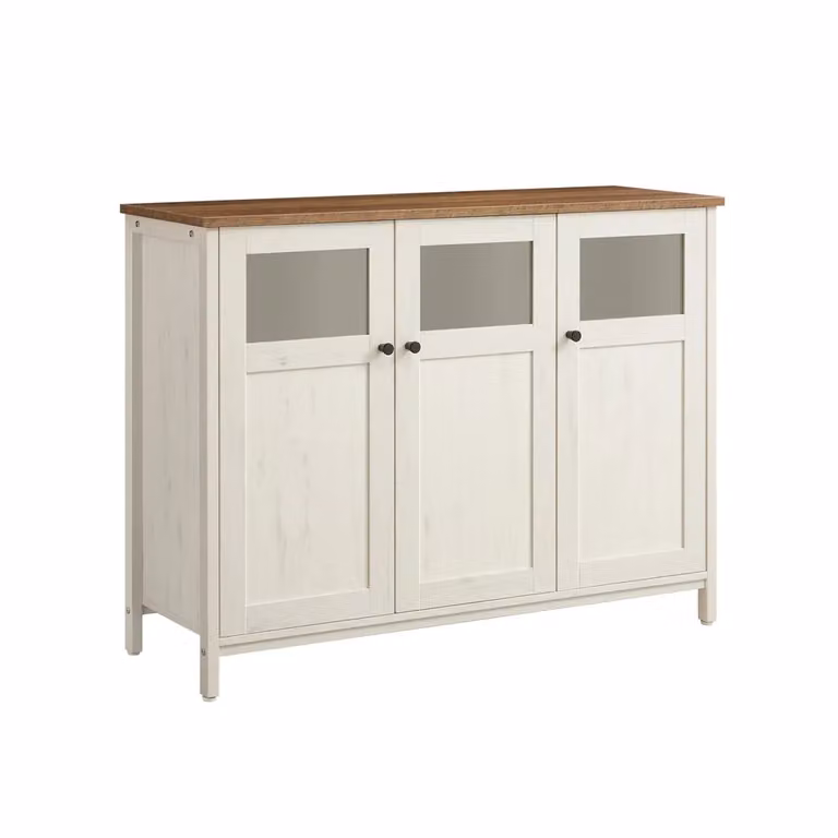 Credenza Multiuso con Ante in Vetro, Marrone Miele + Bianco Vintage