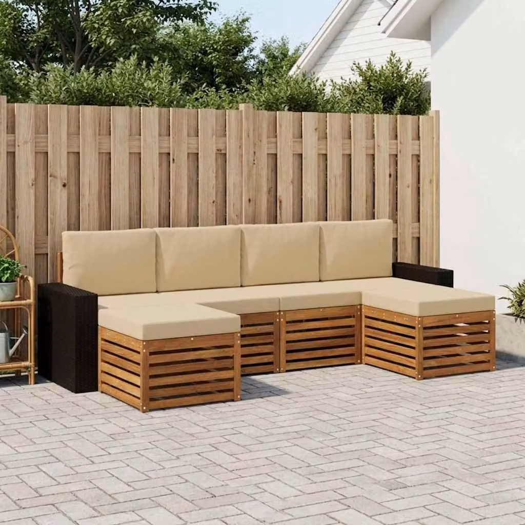 Set di divani da esterno vidaXL 6 pz a forma di L in legno di acacia con cuscini, Beige e Marrone