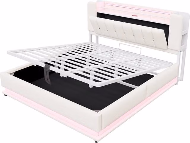Letto imbottito 180x200 cm con illuminazione LED, porta USB, contenitore idraulico e rivestimento in velluto beige