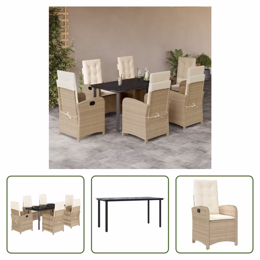The Living Store Set da pranzo da giardino 7 pezzi con cuscini Beige poly rattan