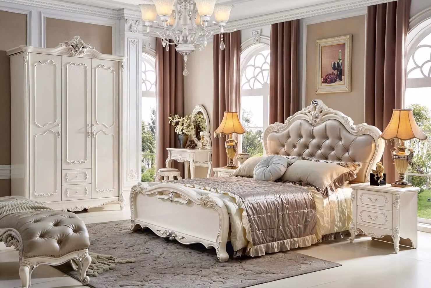 Klassisches Chesterfield Rokoko Barock Stil Betten Echtholz Doppel Bett Antik