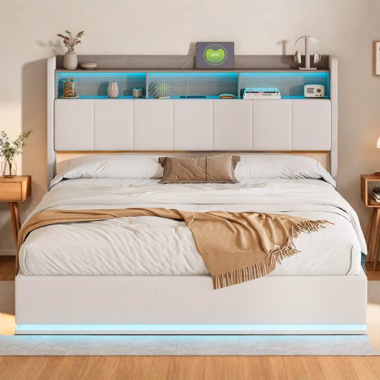 Letto matrimoniale - Letto a scomparsa - Struttura del letto - Divano letto - Letto con rete a molle - Tessuto velluto grigio - Illuminazione a LED