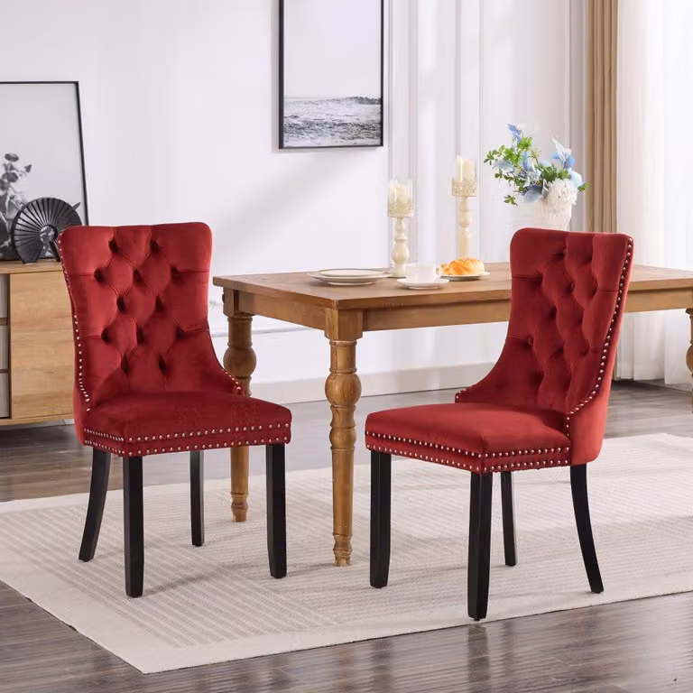 Sedia da pranzo in velluto classico - con gambe in legno e bottoni - color bordeaux