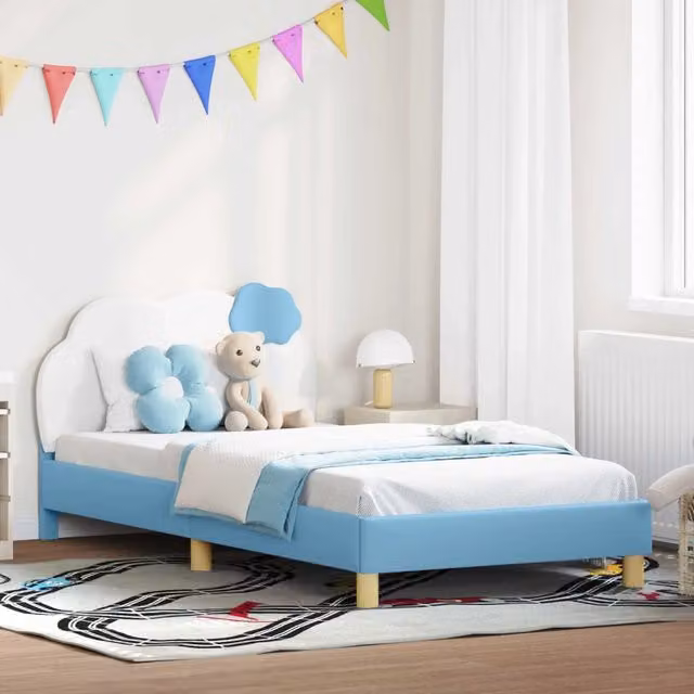 Struttura letto per bambini con testata e giroletto in ecopelle blu, L 80 x P 200 cm – 1