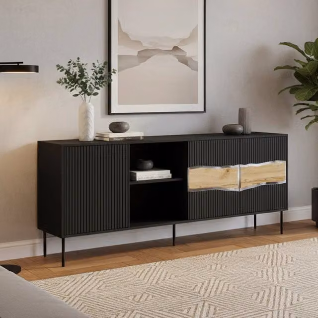 Madia DMORA moderna in MDF con finitura opaca, colore nero e rovere, L 190 x P 40 x H 80 cm – 1