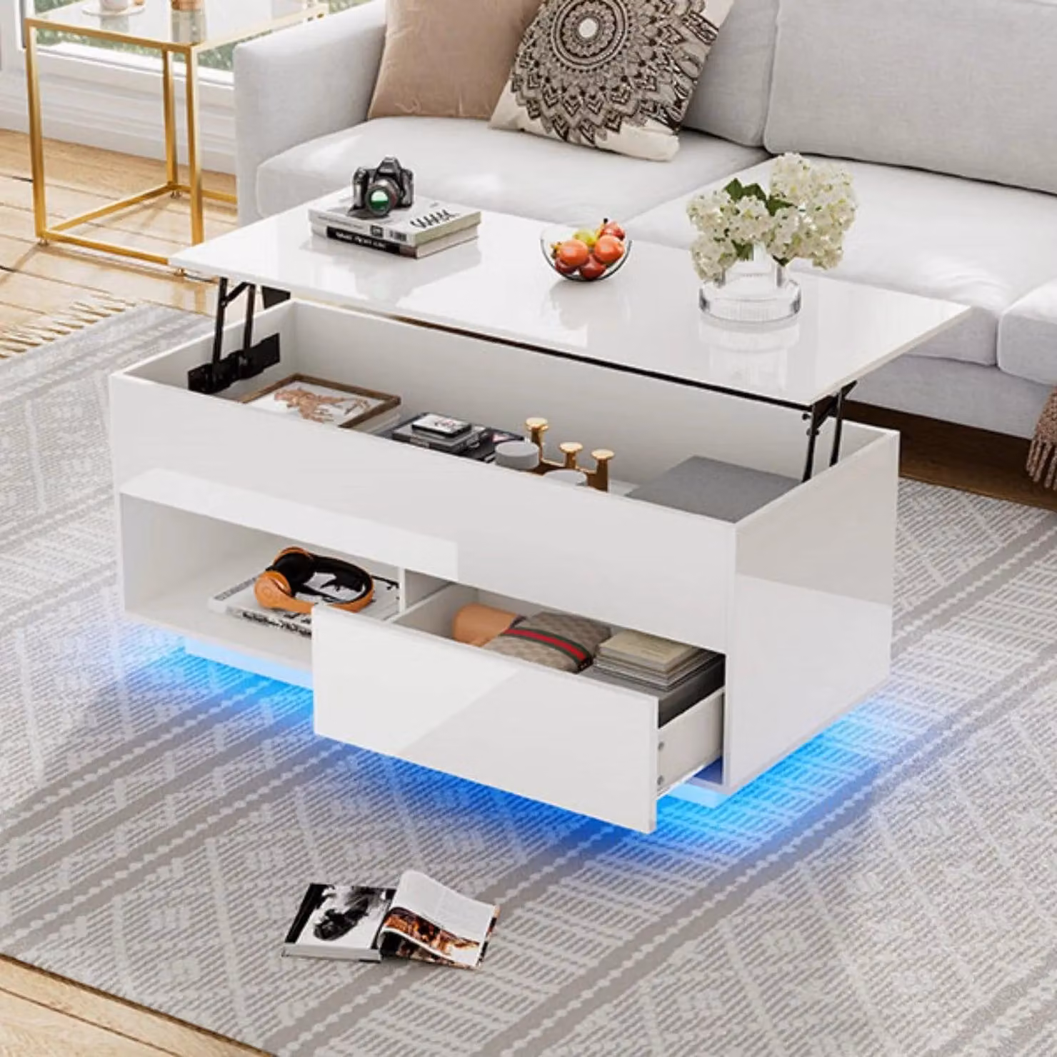 Tavolino da salotto lucido - Tavolino da caffè - Tavolino - Tavolino per il soggiorno - Tavolino con piano regolabile - Illuminazione a LED