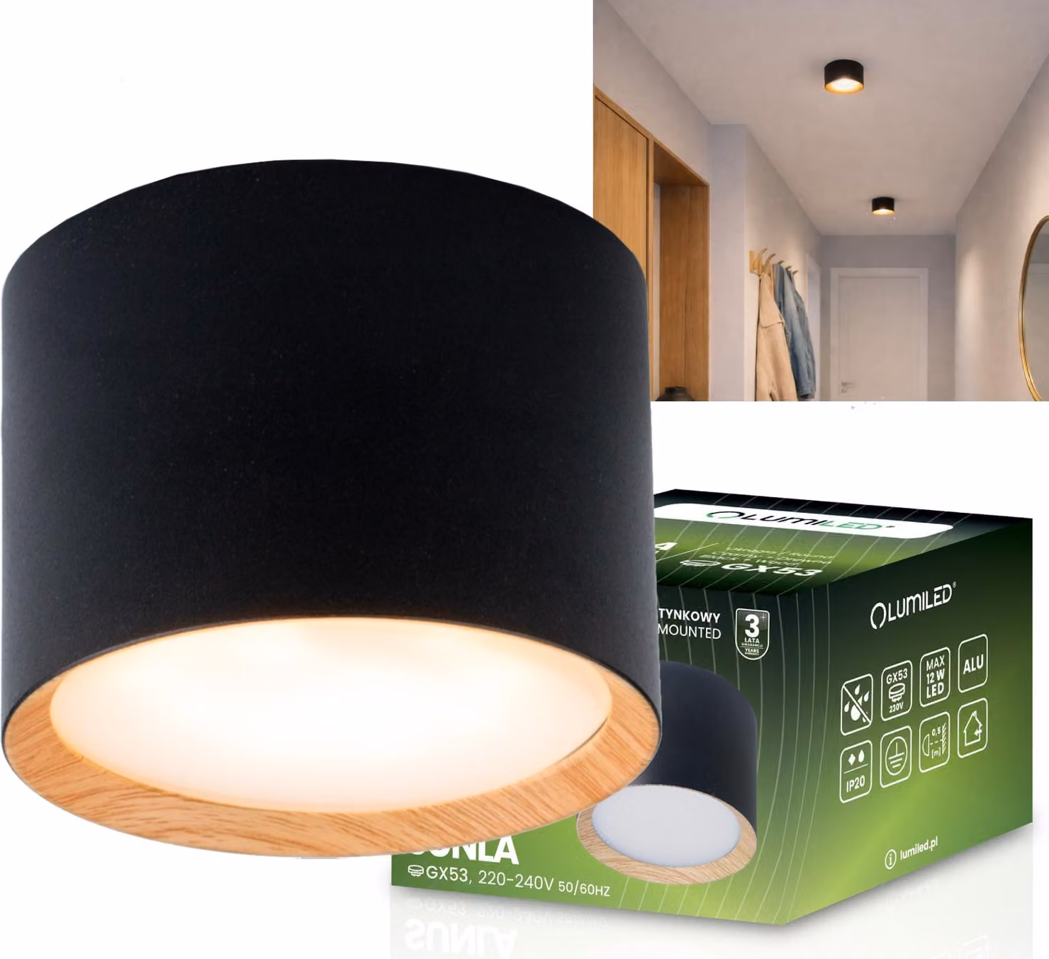 LUMILED Faretto da incasso GX53 Attacco nero Accento in legno Faretti da incasso fissi Faretti da incasso Faretti da incasso moderni Faretto da incasso rotondo in alluminio per corridoio, soggiorno, cucina, camera da letto H: 6 cm