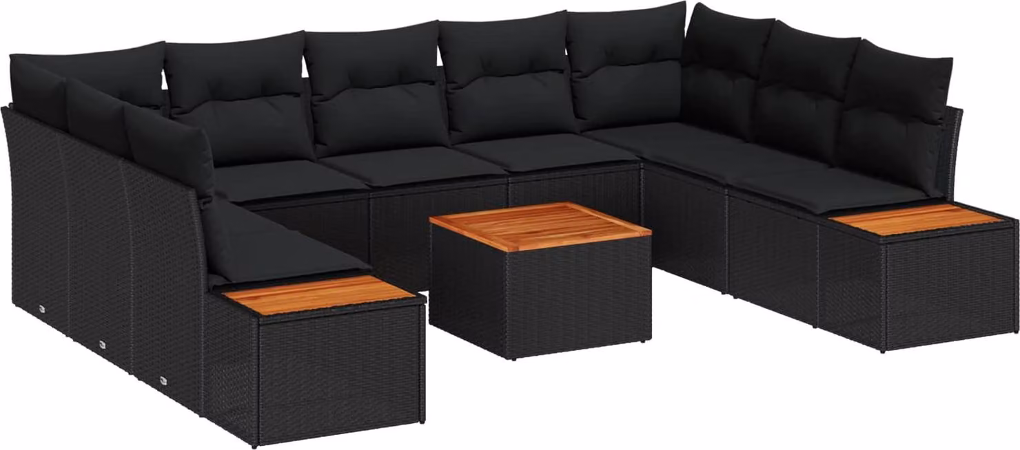Set Divano da Giardino con cuscino 10 pcs Nero Poly Rattan