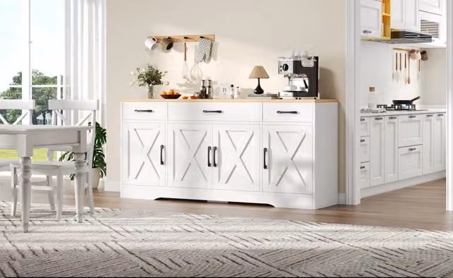 Sideboard moderno in MDF bianco con tre cassetti e quattro ante, 160x37x75 cm, per soggiorno e ingresso
