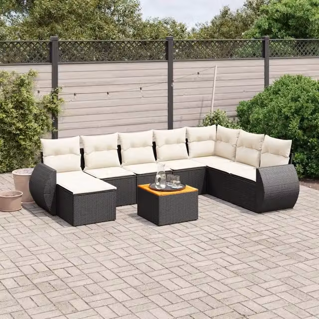 Set Divani da Giardino 9 pz con Cuscini Nero in Polyrattan 3225139