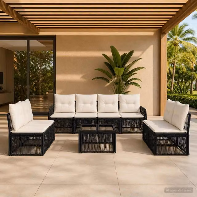 Set da giardino moderno vidaXL composto da 9 pezzi in rattan con struttura in acciaio nero e cuscini bianchi e crema