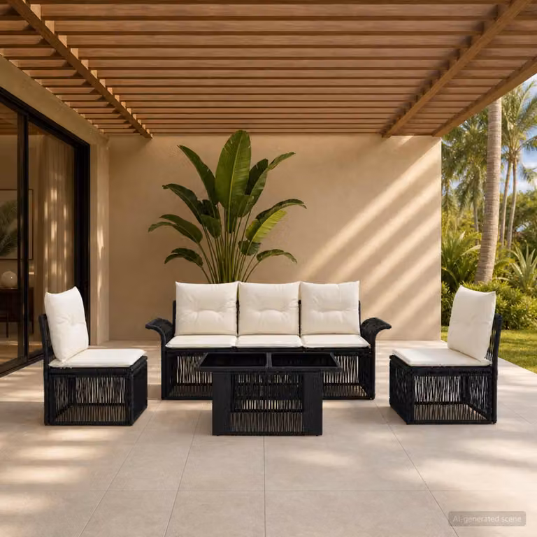Set Divano da Giardino Moderno vidaXL in Polyrattan Nero e Bianco Crema con Cuscini e Tavolino da Esterno