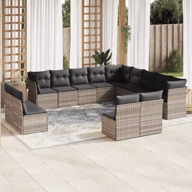 Set di divani da giardino VIDAXL in polyrattan grigio chiaro con cuscini, composizione a forma di U da 13 posti