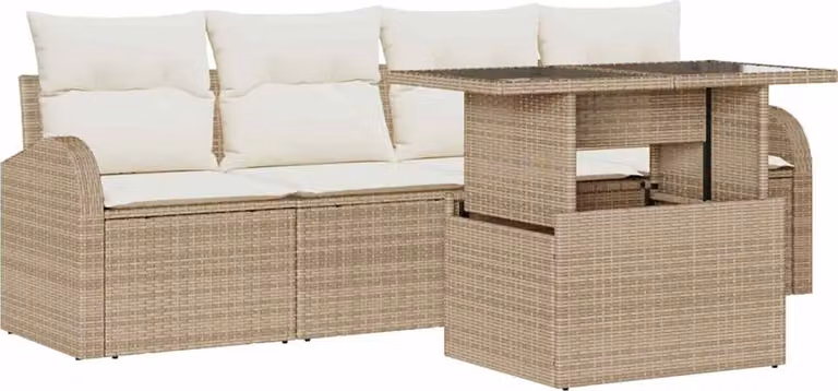 Set Divano da Giardino con cuscino 5 pcs Beige Poly Rattan
