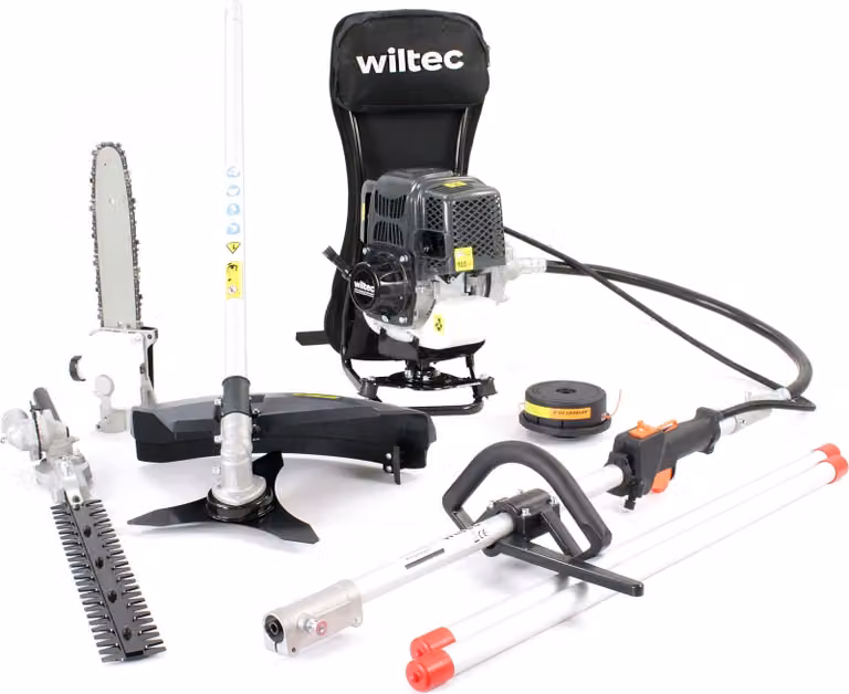 Attrezzo multifunzionale Wiltec 4 in 1 con motore a 4 tempi con zaino, attrezzo multigiardino per zaino, attrezzo multigiardino con tagliaerba, ecc