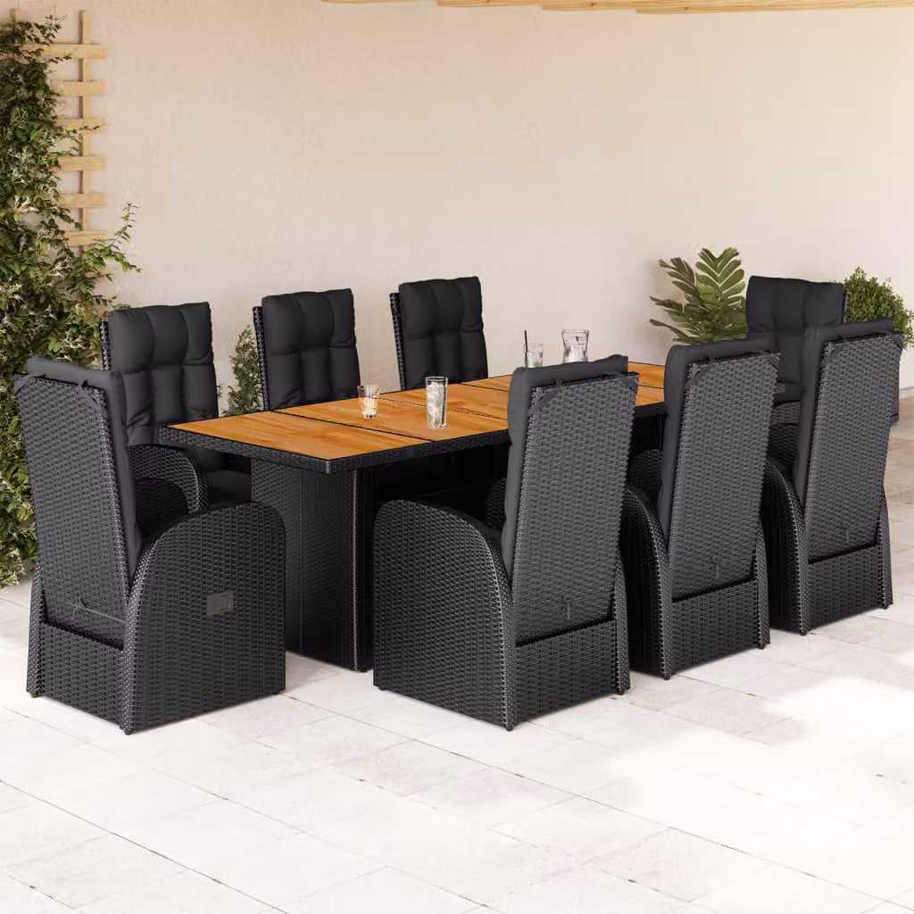 Set da pranzo da giardino vidaXL in polyrattan e legno di acacia nero con 9 pezzi e cuscini