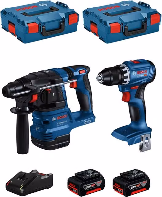 Kit Bosch BK222 con Martello Perforatore GBH 18V-22, Avvitatore GSR 18V-45, 2 Batterie da 5,0 Ah e Caricatore GAL18V-40 in Blu