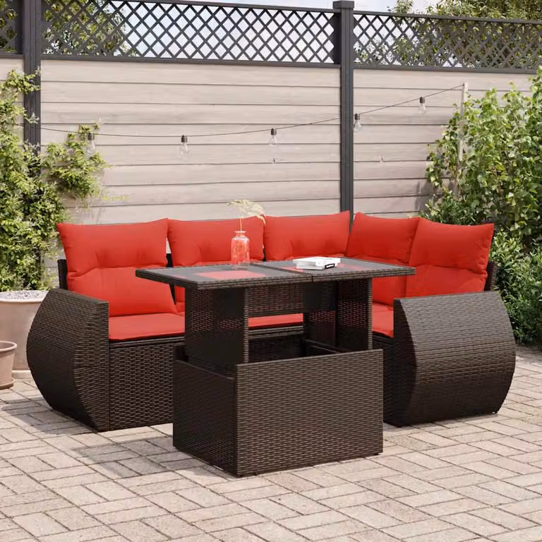 Set Divano da Giardino vidaXL 5 pz a Forma a L in Polyrattan e Legno di Acacia con Cuscini Marroni e Tavolino da Caffè