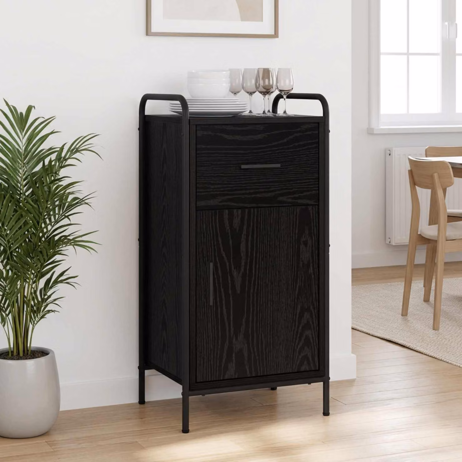 Credenza moderna vidaXL in legno ingegnerizzato e metallo, colore nero, L: 97 cm, P: 33 cm, H: 81 cm