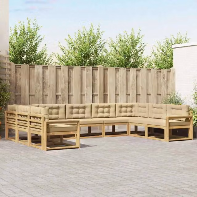 Set di divani da esterno a L vidaXL in legno di acacia con cuscini, Bianco e Beige – 1
