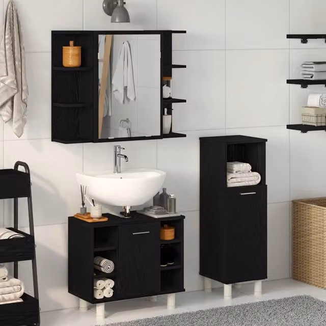 Set di mobili per il bagno minimalista vidaXL in nero composto da 3 pezzi con armadietto a specchio, L/P/H: 30 x 30 x 99,5 cm – 1