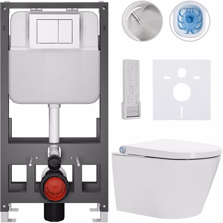 CERANO - WC sospeso con bidet Cronus Pro - bianco lucido - pulsante Prime/Maxio, bianco - modello a pavimento - installazione a parete/cartongesso - 59,3 x 38,4 cm