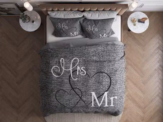 Copripiumino Ibbenzoa® in 100% cotone – 200 x 220 cm, grigio con motivo "Mr. and Mrs.", leggero, 100 g/m², con cerniera, lavabile a 60°C