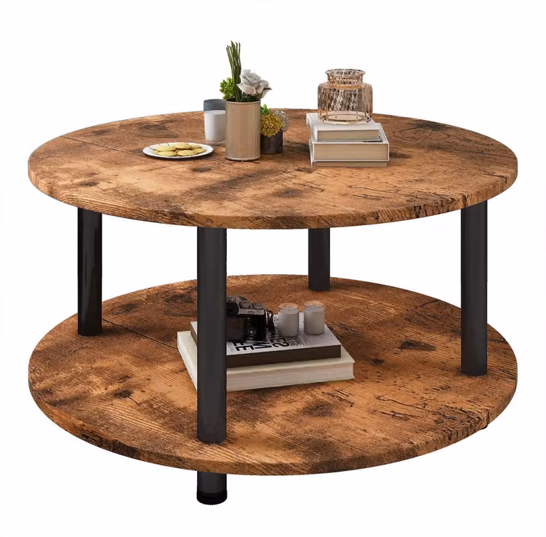 Tavolino rotondo con 2 ripiani, tavolino da soggiorno, 60 x 60 x 48,5 cm, colore marrone vintage/nero