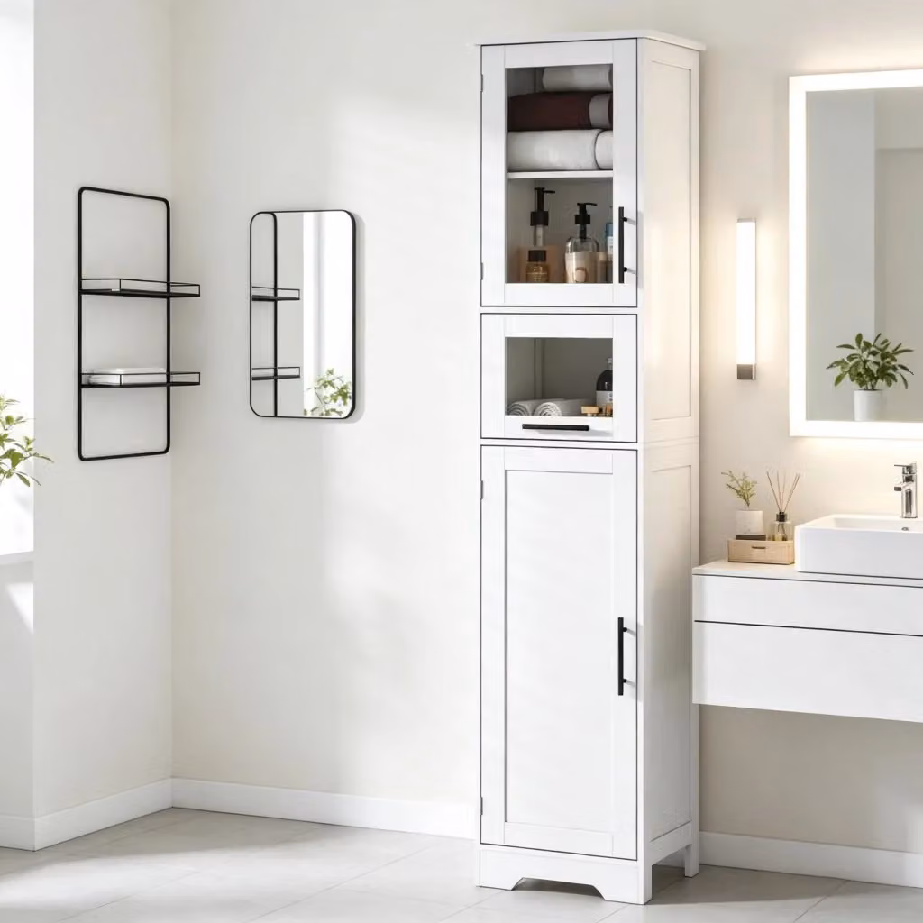 Armadio Colonna REDOM per Bagno e Ingresso in MDF Laccato Bianco con Ante in Vetro e Ripiani Interni L/P/H: 40 x 31 x 170 cm – 2