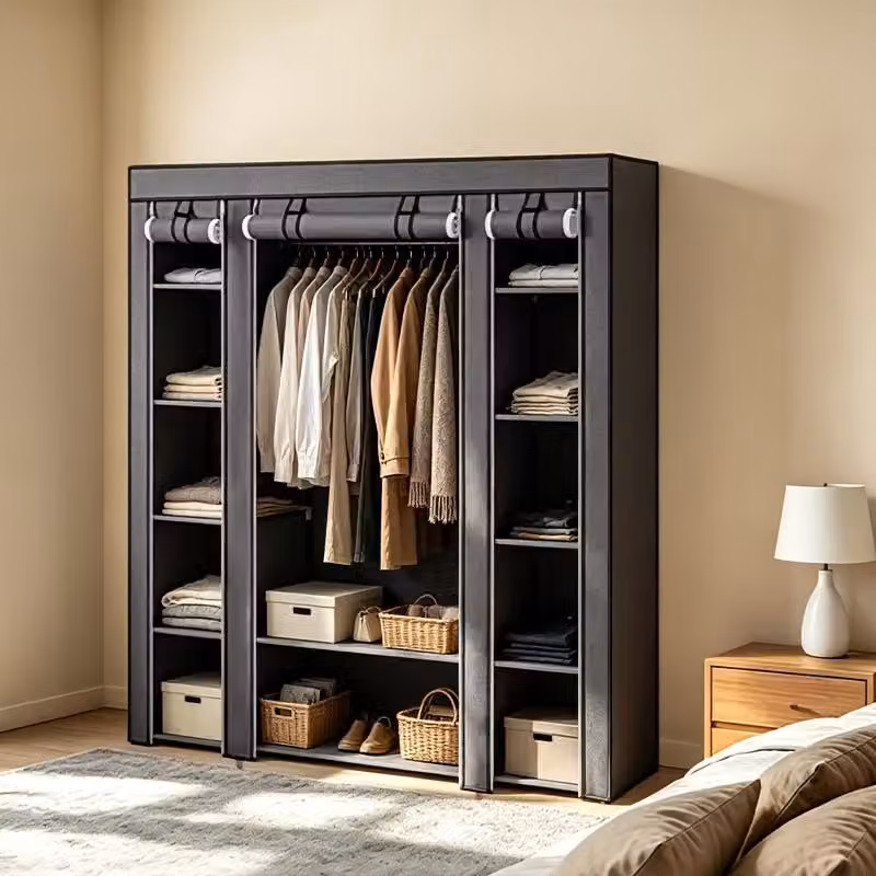 Armadio portatile pieghevole in tessuto, dimensioni 175,26*149,86*44,96 cm, nero/grigio - Organizzatore per armadio portatile con asta appendiabiti e ripiani