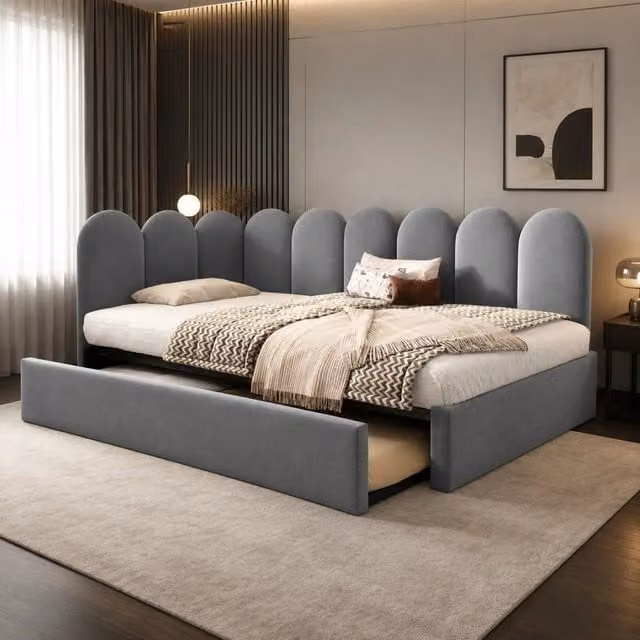 Letto giorno imbottito in tessuto velvet grigio con letto estraibile e cassetti, stile moderno per camera da bambini o matrimoniale, L: 203 cm, P: 97 cm, H: 76 cm – 1