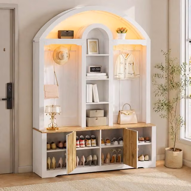 Armadio guardaroba ingresso 150x40x195 cm bianco in MDF, ganci e ripiani