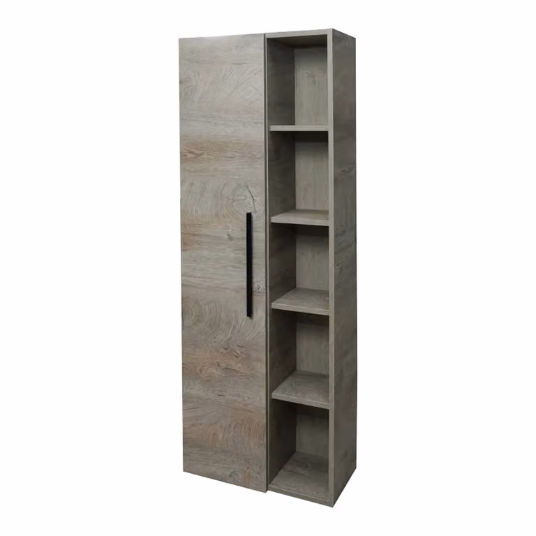 Colonna Bagno Achisa DMORA, Mobile a colonna sospeso con 1 anta e 5 ripiani, Rovere