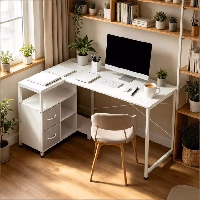Scrivania angolare reversibile REDOM bianca con piano in MDF laminato opaco L/P/H: 120 x 80 x 75 cm