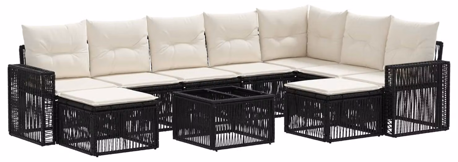 Set Divano da Giardino 10 pcs Nero e Bianco Crema polyrattan