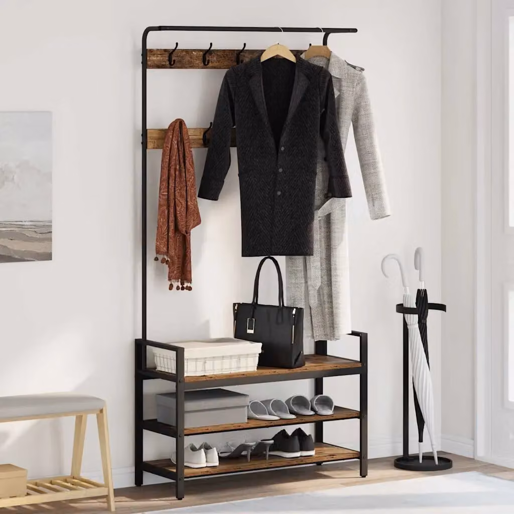 vidaXL Appendiabiti con Panca e Ganci in Legno e Metallo, Colore Marrone e Nero, L 95 x P 34 x H 184 cm