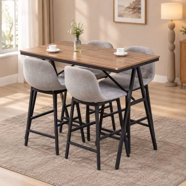 Set tavolo bar 5 pezzi con 4 sgabelli in metallo colore marrone chiaro 120x60x91 cm