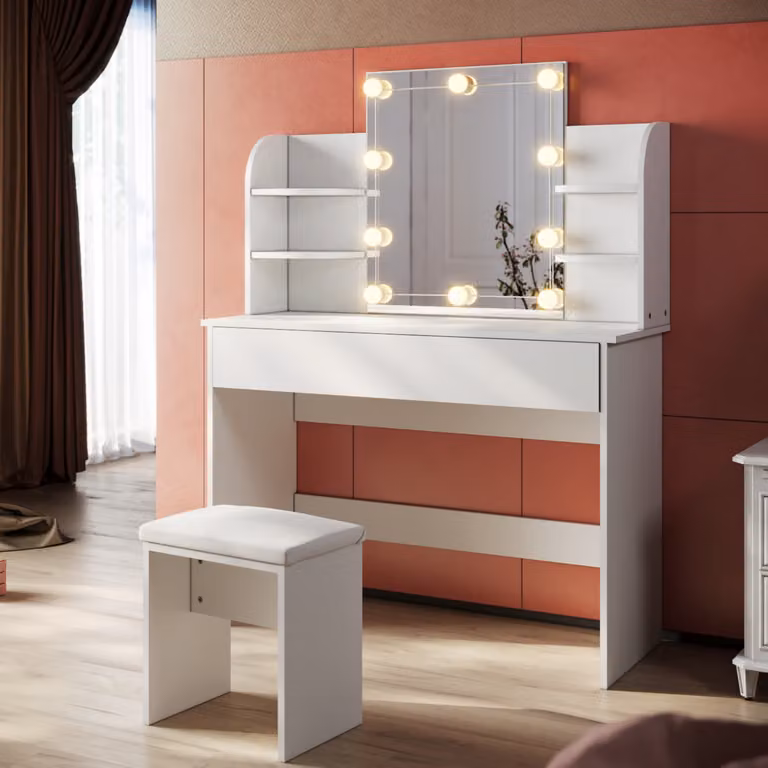 SONNI tavolo da toeletta bianco largo 108 cm con specchio, sgabello e luce a led per specchio