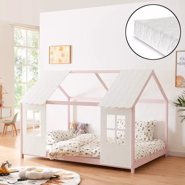 Letto Tostedt per Cameretta a Forma di Casetta con Materasso 140 x 200 Rosa / Bianco [en.casa]