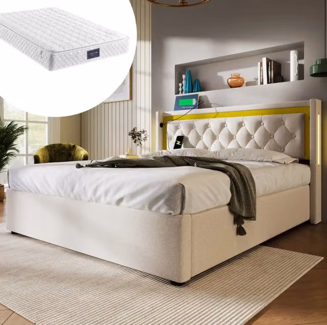 Letto matrimoniale 140x200 con materasso; LED; USB e Type-C; contenitore; beige