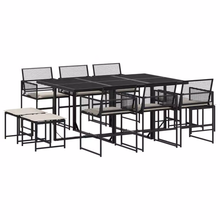 Set da Pranzo da Giardino 11 pz con Cuscini in Polyrattan Nero