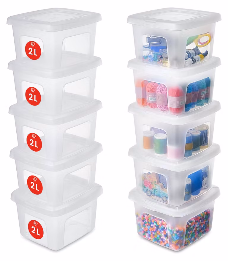 Contenitori multifunzionali Iris Ohyama, capacità 2 litri, set da 10, trasparenti, con coperchio facile da chiudere, impilabili, in plastica, ideali per armadi, scaffali, aule scolastiche, per l'organizzazione, per materiali artistici, scarpe, modello MCB