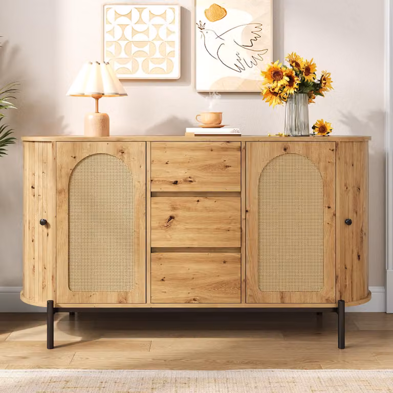 Credenza ovale Merax con ante in rattan + ante scorrevoli, cassettiera con cassetti e gambe in metallo, mobile da salotto con ripiani regolabili, effetto legno