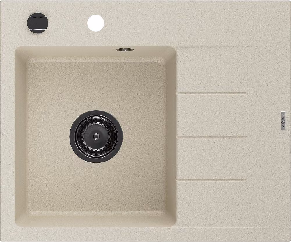 Mexen Ben lavello da cucina in granito con 1 vasca e scolapiatti, sinistro 600 x 500 mm, beige, sifone nero - 6522605000-69-B