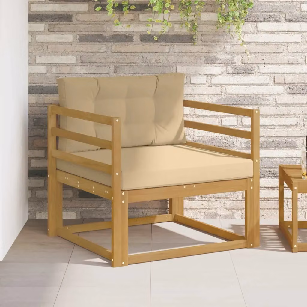Divano centrale da esterno moderno in legno di acacia con cuscini in poliestere bianco resistente ai raggi UV